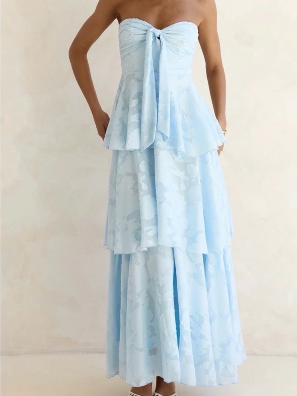 Fortunate One Strapless Light Blue Tiered Maxi Dress